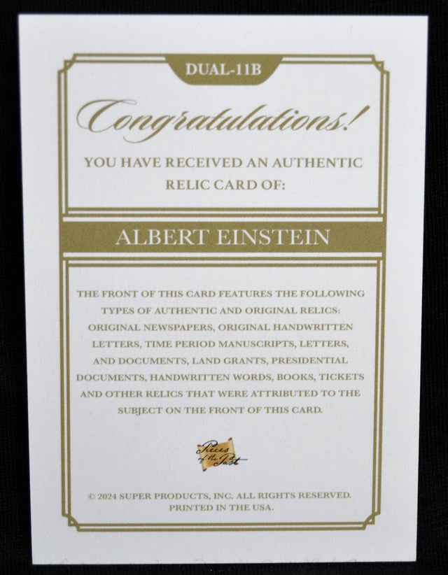 Certificate of authenticity for Albert Einstein relic card by Pieces of the Past