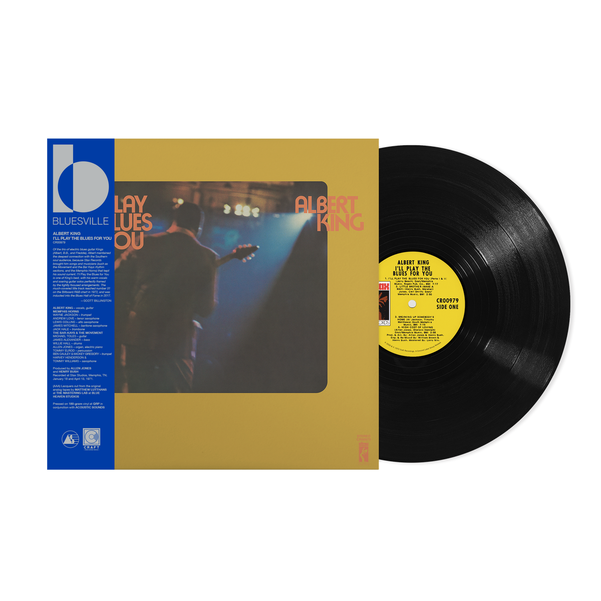 Vinyl record and cover with a person playing guitar on a stage, featuring Bluesville branding.