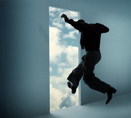 Close-up of surreal album cover art showing a person stepping through a doorway into clouds