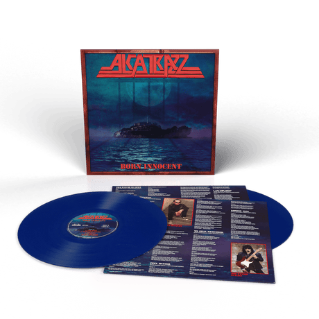 Album cover for Alcatraz featuring a black and blue illustration of Alcatraz Island with a moon and clouds in the background, with the title 'Born Innocent' text below.