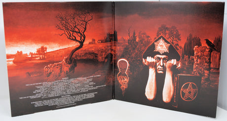Open gatefold of Aleister Crowley Black Magic LP with occult themed red and black artwork