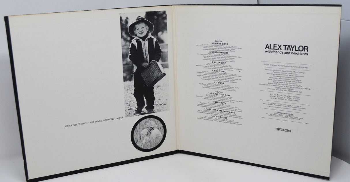 'Alex Taylor With Friends Neighbors' Inside gatefold album cover with a black and white photo of a child and text on a white background
