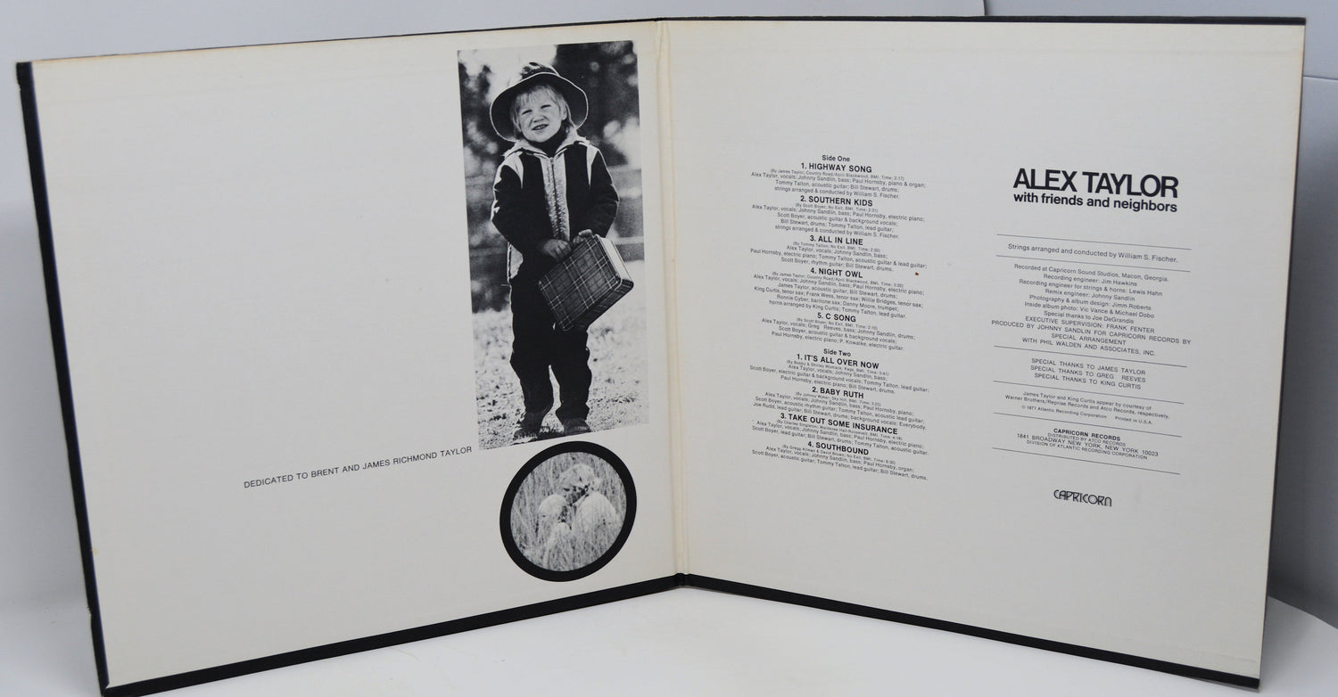 'Alex Taylor With Friends Neighbors' Inside gatefold album cover with a black and white photo of a child and text on a white background