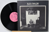 Vinyl record 'Alex Taylor With Friends Neighbors' and back cover with black and white illustration and pink label on a light gray background