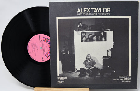 Vinyl record 'Alex Taylor With Friends Neighbors' and back cover with black and white illustration and pink label on a light gray background