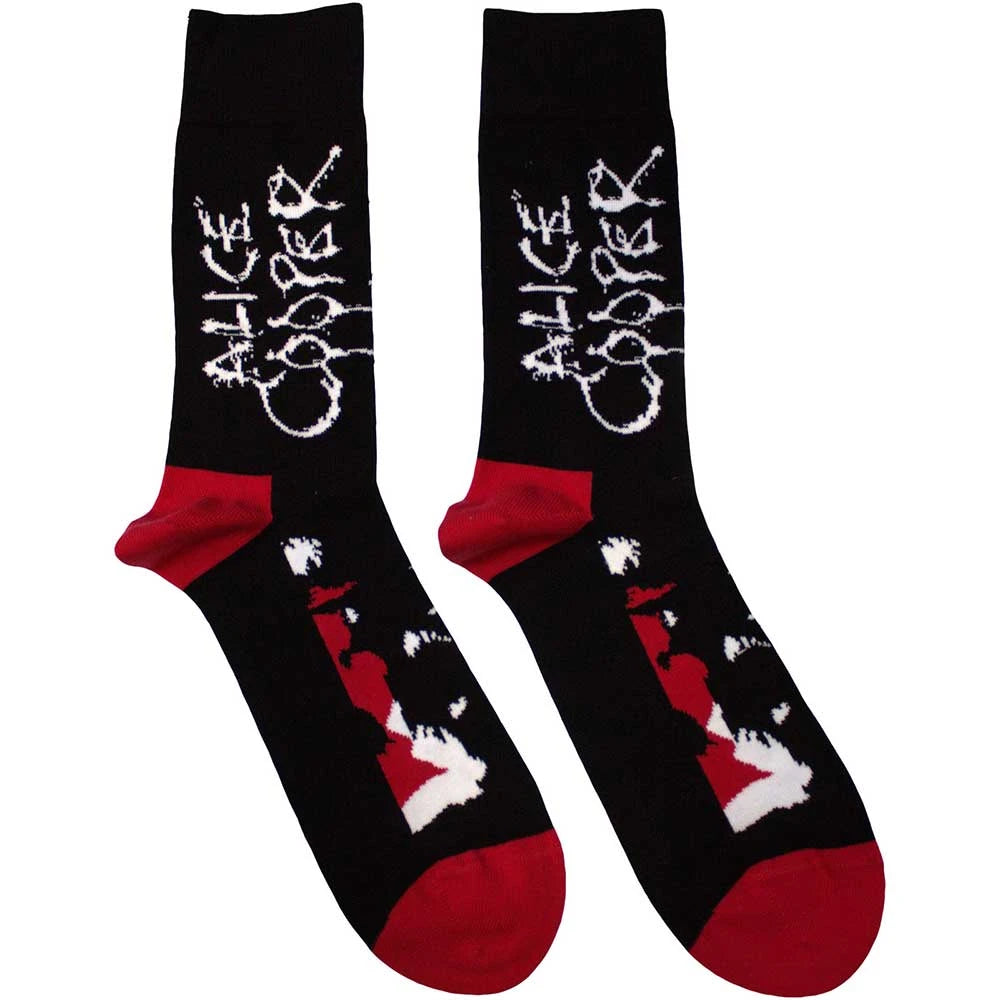 Pair of socks with Alice Cooper logo and design on a white background