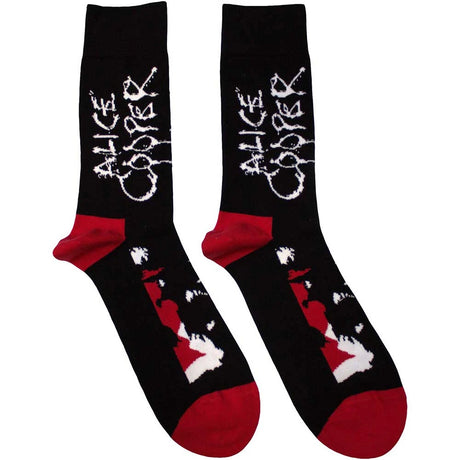 Pair of socks with Alice Cooper logo and design on a white background
