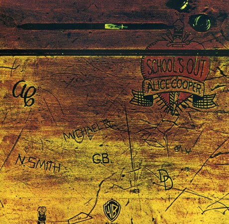 School's Out album cover by Alice Cooper featuring a graffiti-carved wooden school desk