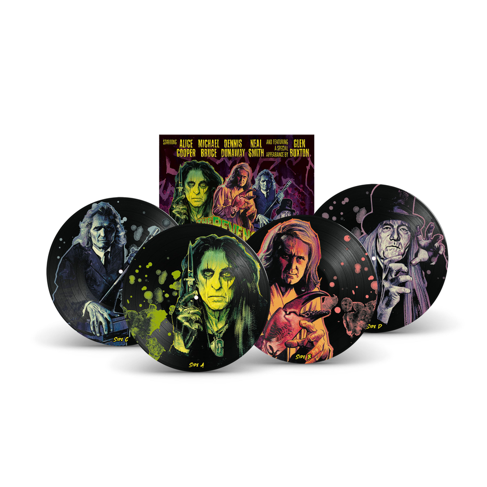 Vinyl records with artistic covers featuring faces and a central box set on a white background