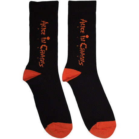 Black socks with orange accents and 'Alice in Chains' logo on a white background