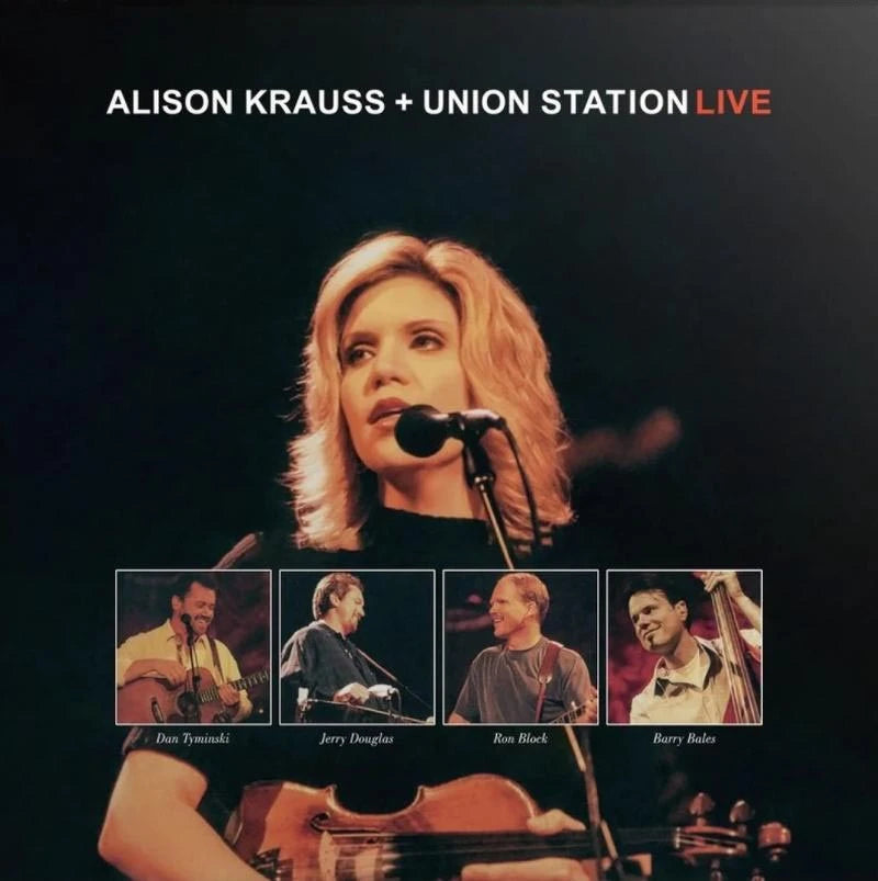 Album cover for 'Alison Krauss + Union Station Live' featuring a woman singing into a microphone with band members below.