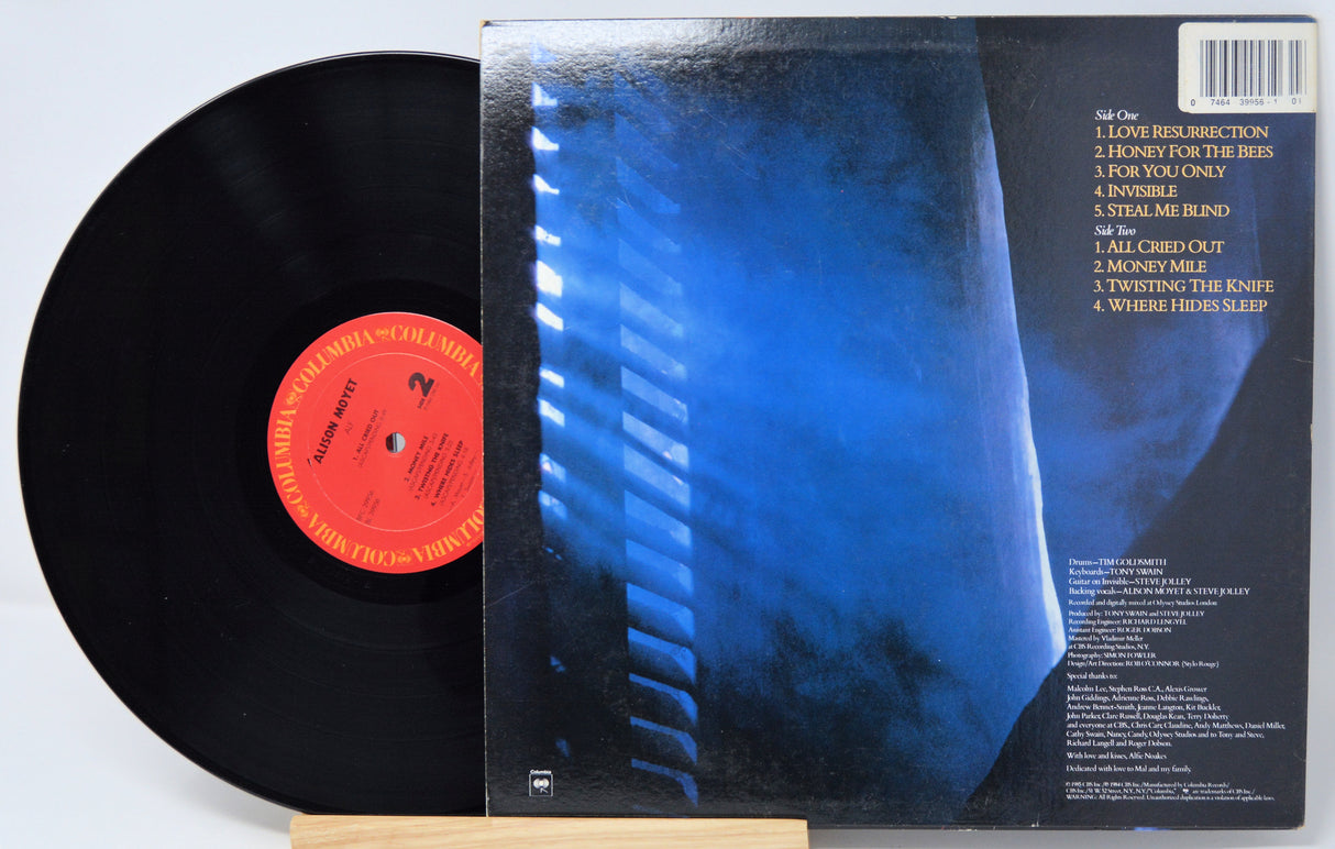 Vinyl record with a blue cover and red label on a white background