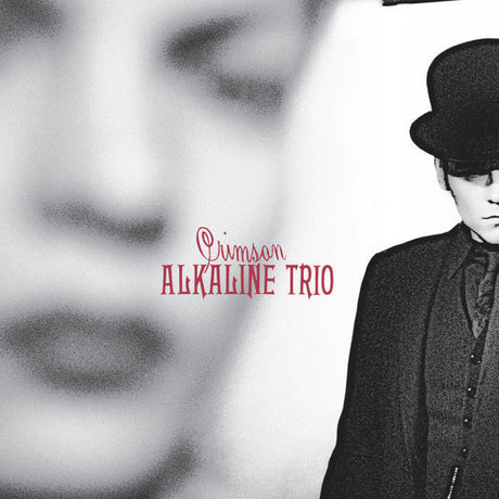 Album cover for 'Crimson' by Alkaline Trio featuring a person in formal attire with a blurred background.