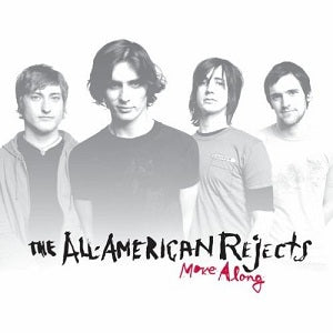 Album cover for 'Move Along' by The All American Rejects, featuring a black and white photo of the four band members with the band's name and album title in stylized text at the bottom.