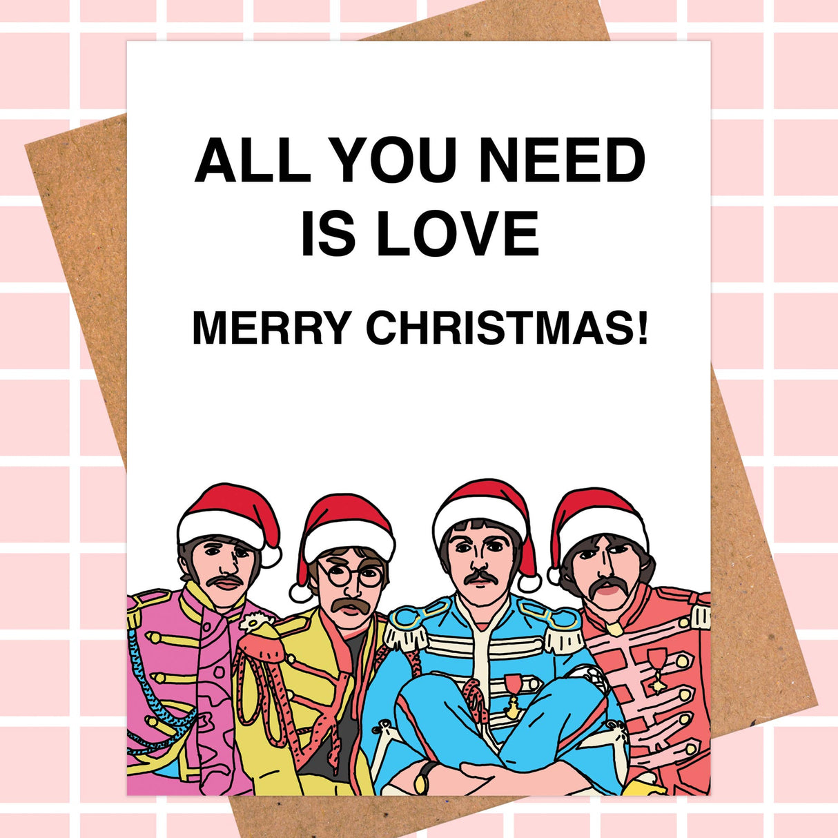 Beatles-inspired Christmas card with cartoon band members in Santa hats and 'All You Need Is Love' message