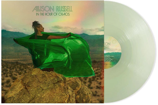 Vinyl record with a person in a green dress on a desert landscape and rainbow, labeled 'Allison Russell In the Hour of Chaos'.