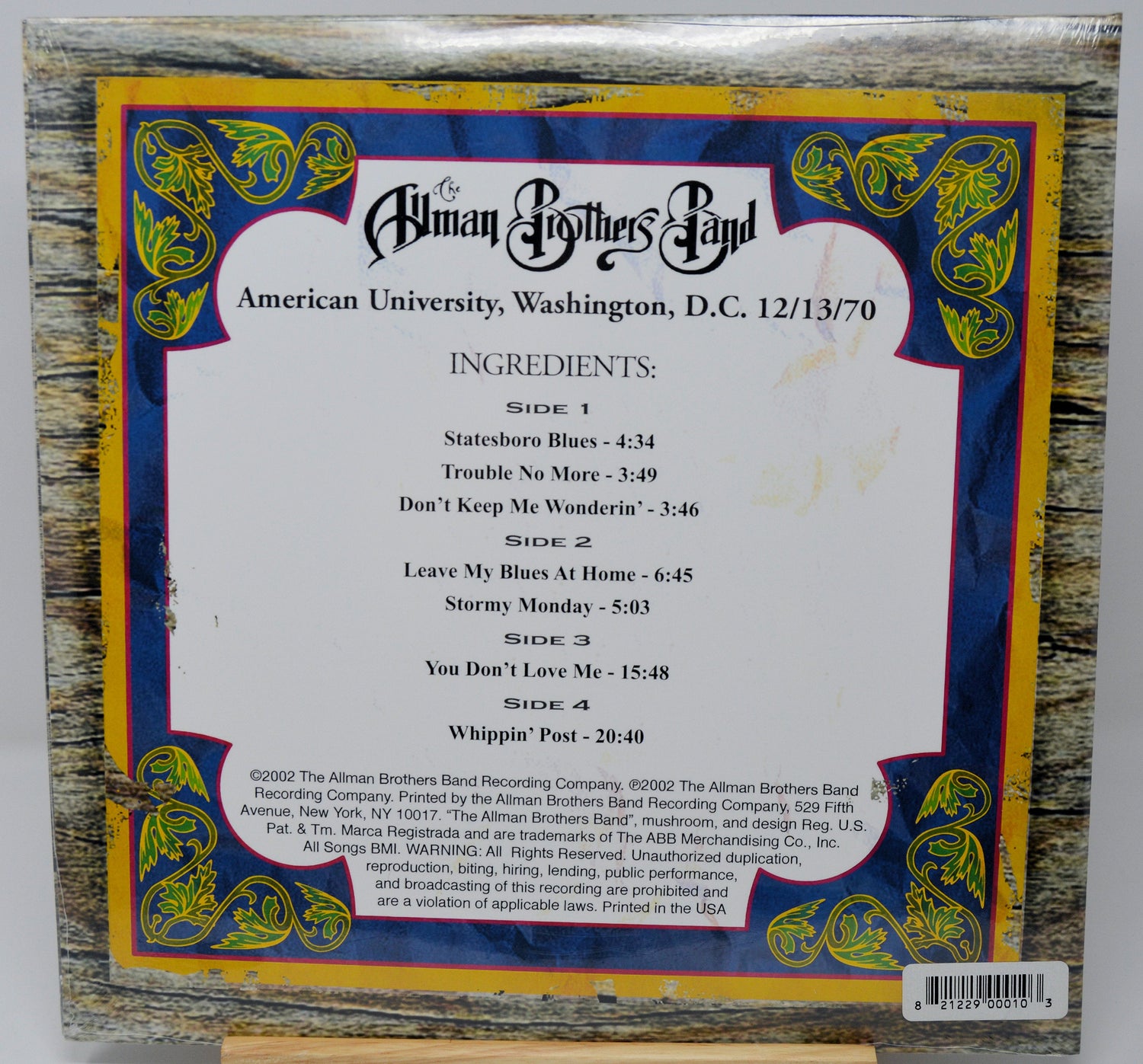 Tracklist and credits for The Allman Brothers Band American University concert vinyl, 12/13/70