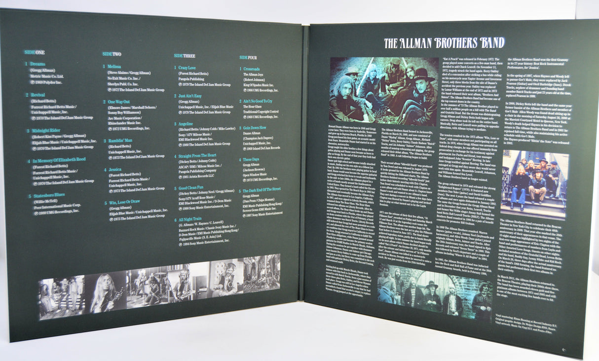 An open gatefold record cover spread titled 'THE ALLMAN BROTHERS BAND,' showing printed text columns, small photos, and a dark background.