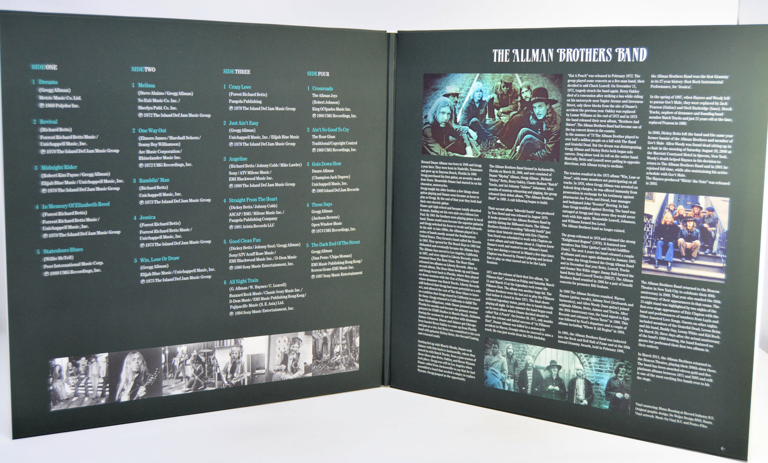 An open gatefold record cover spread titled 'THE ALLMAN BROTHERS BAND,' showing printed text columns, small photos, and a dark background.