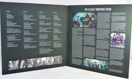 An open gatefold record cover spread titled 'THE ALLMAN BROTHERS BAND,' showing printed text columns, small photos, and a dark background.