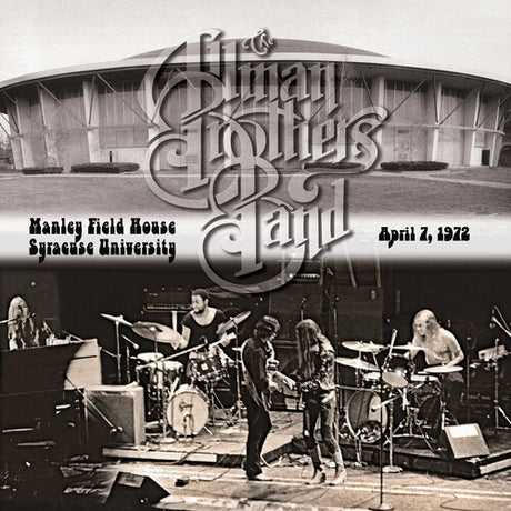 Black and white photo of a band performing on stage with 'Manley Field House Syracuse University' text.