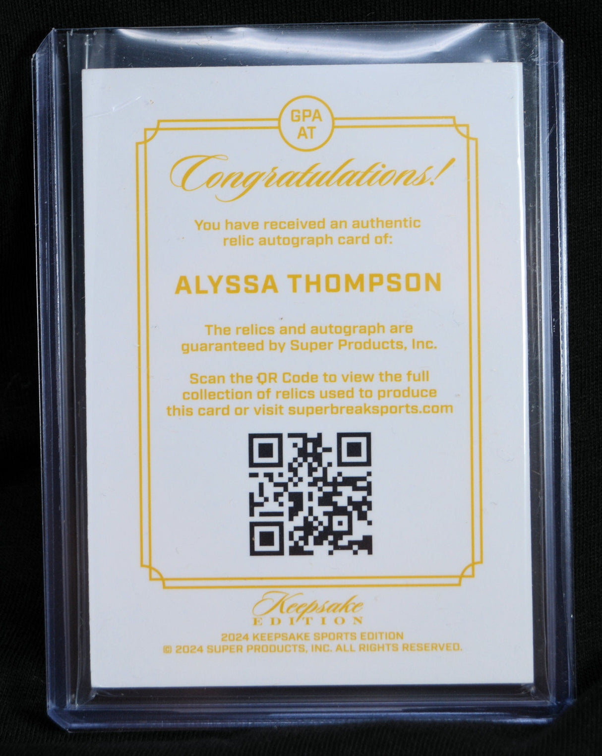 Back of Alyssa Thompson Keepsake Edition autograph card with authenticity certificate