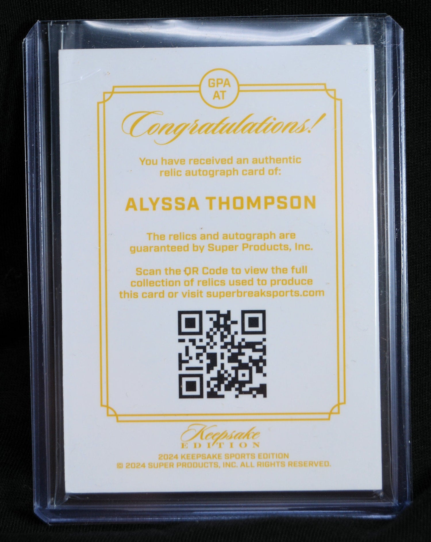 Back of Alyssa Thompson Keepsake Edition autograph card with authenticity certificate