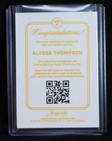 Back of Alyssa Thompson Keepsake Edition autograph card with authenticity certificate