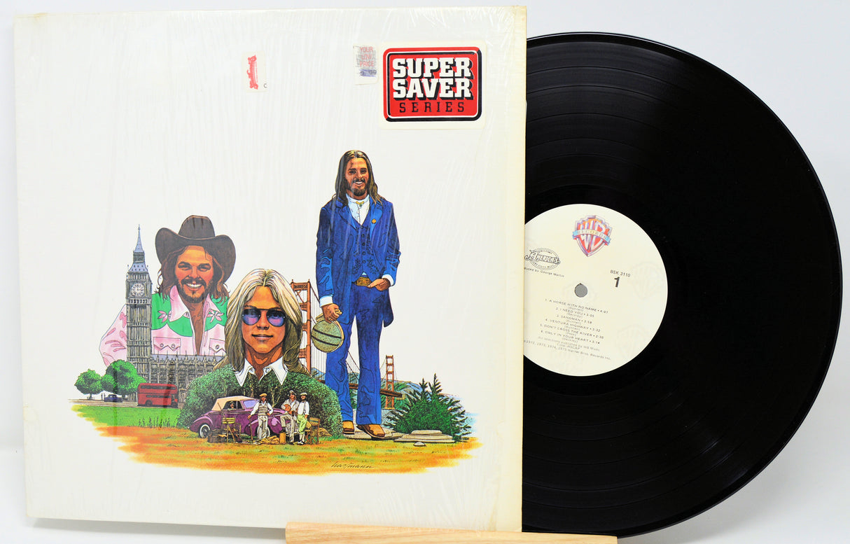 Vinyl record with cover featuring illustrated characters and text on a white background