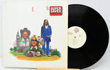 Vinyl record with cover featuring illustrated characters and text on a white background