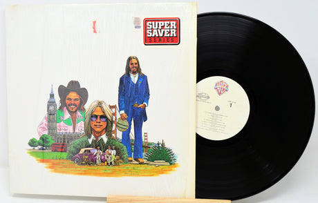 Vinyl record with cover featuring illustrated characters and text on a white background