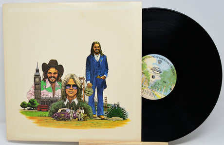 Vinyl record with cover featuring illustrations of people and landmarks