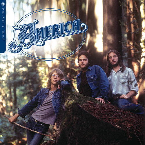 America band members posing on a mossy log in a sunlit forest for the Now Playing album cover