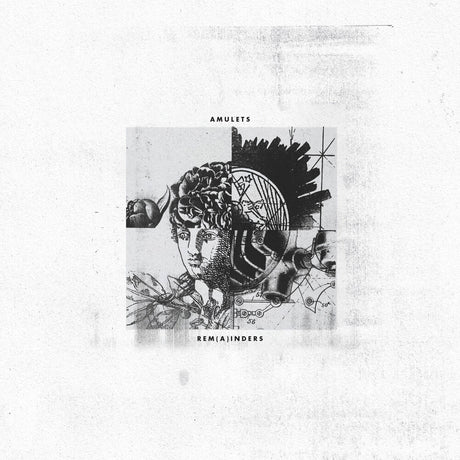 Black and white illustration with text 'AMULETS' and 'REMEMBRANCES' on a textured white background.