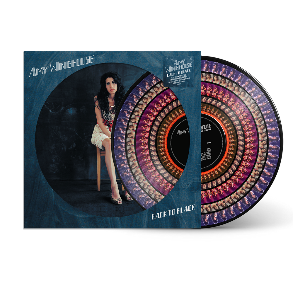 Amy Winehouse 'Back to Black' vinyl LP with its illustrated cover jacket, shown on a clean white background. The record itself features a complex concentric pattern in purple, gold, orange, and black.