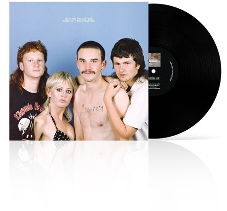 Vinyl record with a cover featuring four people and a blue record.