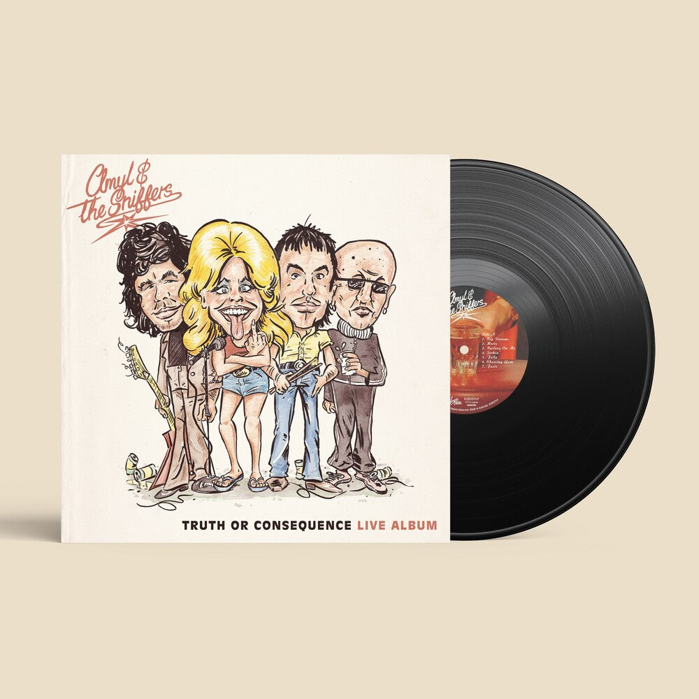 A vinyl record album shown with its illustrated album cover partially pulled from the case, revealing a black LP and a red-orange center label. The cover reads 'Amyl & The Sniffers' and 'Truth or Consequence Live Album' on a warm beige background.