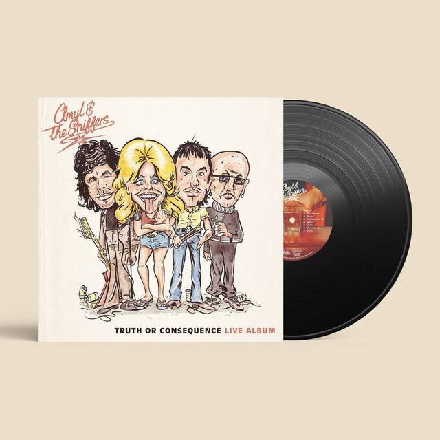 A vinyl record album shown with its illustrated album cover partially pulled from the case, revealing a black LP and a red-orange center label. The cover reads 'Amyl & The Sniffers' and 'Truth or Consequence Live Album' on a warm beige background.