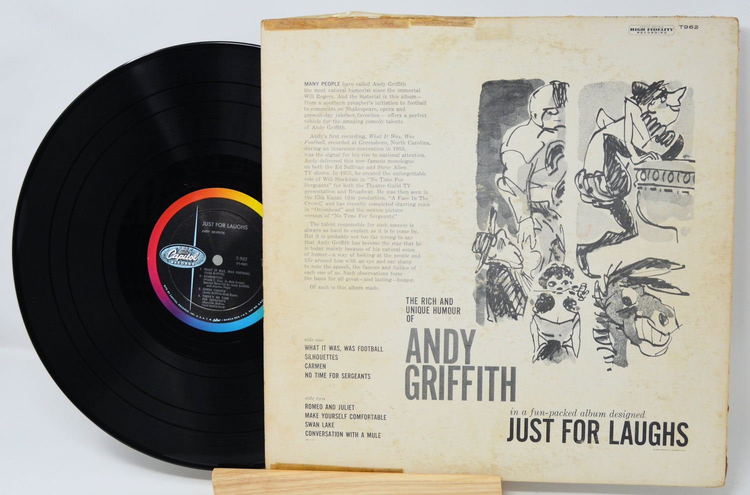 Back cover and vinyl record of Andy Griffith's 'Just For Laughs' LP featuring sketched illustrations and track listings