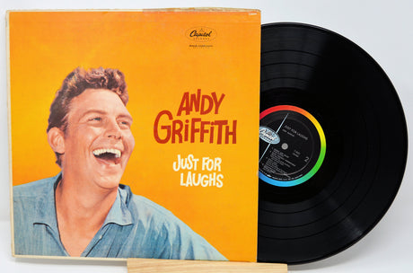 Front cover of Andy Griffith's 'Just For Laughs' LP with vibrant orange background and Andy Griffith laughing