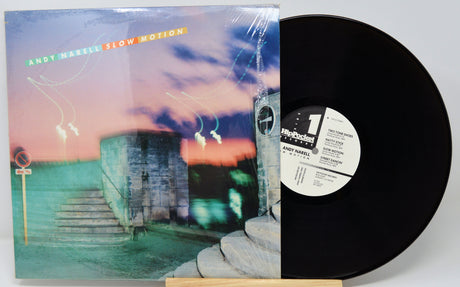 Vinyl record with cover featuring a scenic design on a white background