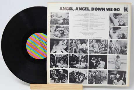 Back cover and vinyl record of Angel, Angel, Down We Go soundtrack featuring film scenes and tracklist