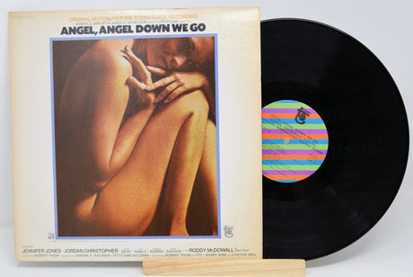 Front cover and vinyl record of Angel, Angel, Down We Go soundtrack with iconic art and cast list