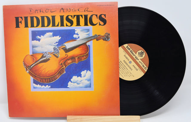 Vinyl record and front cover for Fiddlistics by Darol Anger showing an illustrated violin.