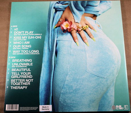 Vinyl record cover with a person wearing a blue robe and colorful nails, featuring a list of song titles on the left side.