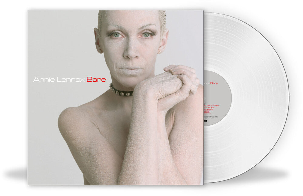 Annie Lennox 'Bare' vinyl record album with the black-and-white cover art sleeve and a translucent white record partially visible behind it.
