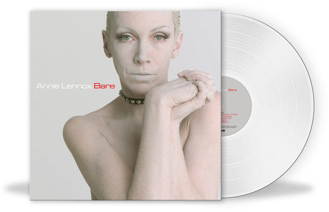 Annie Lennox 'Bare' vinyl record album with the black-and-white cover art sleeve and a translucent white record partially visible behind it.
