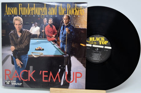 Vinyl record with cover featuring a pool table and people around it, titled 'Rack 'Em Up'.