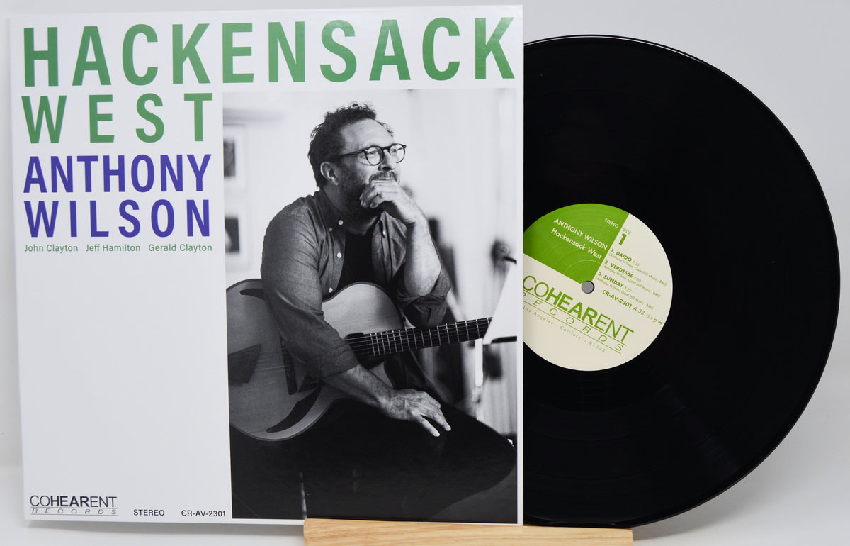 Vinyl record album cover for 'Hackensack West' by Anthony Wilson, shown with the black LP partially pulled out and a Cohearent label visible, on a light gray background.