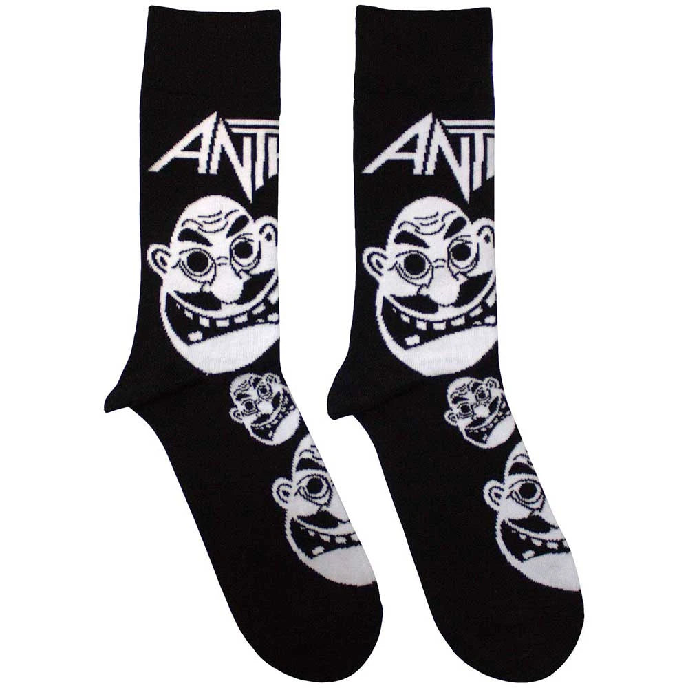 Black socks with white graphic design faces and the band name 'Anthrax' on a white background